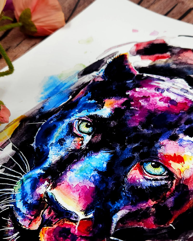 Panther in Aquarell - Farbenfroher Aquarellkunstdruck - Madow