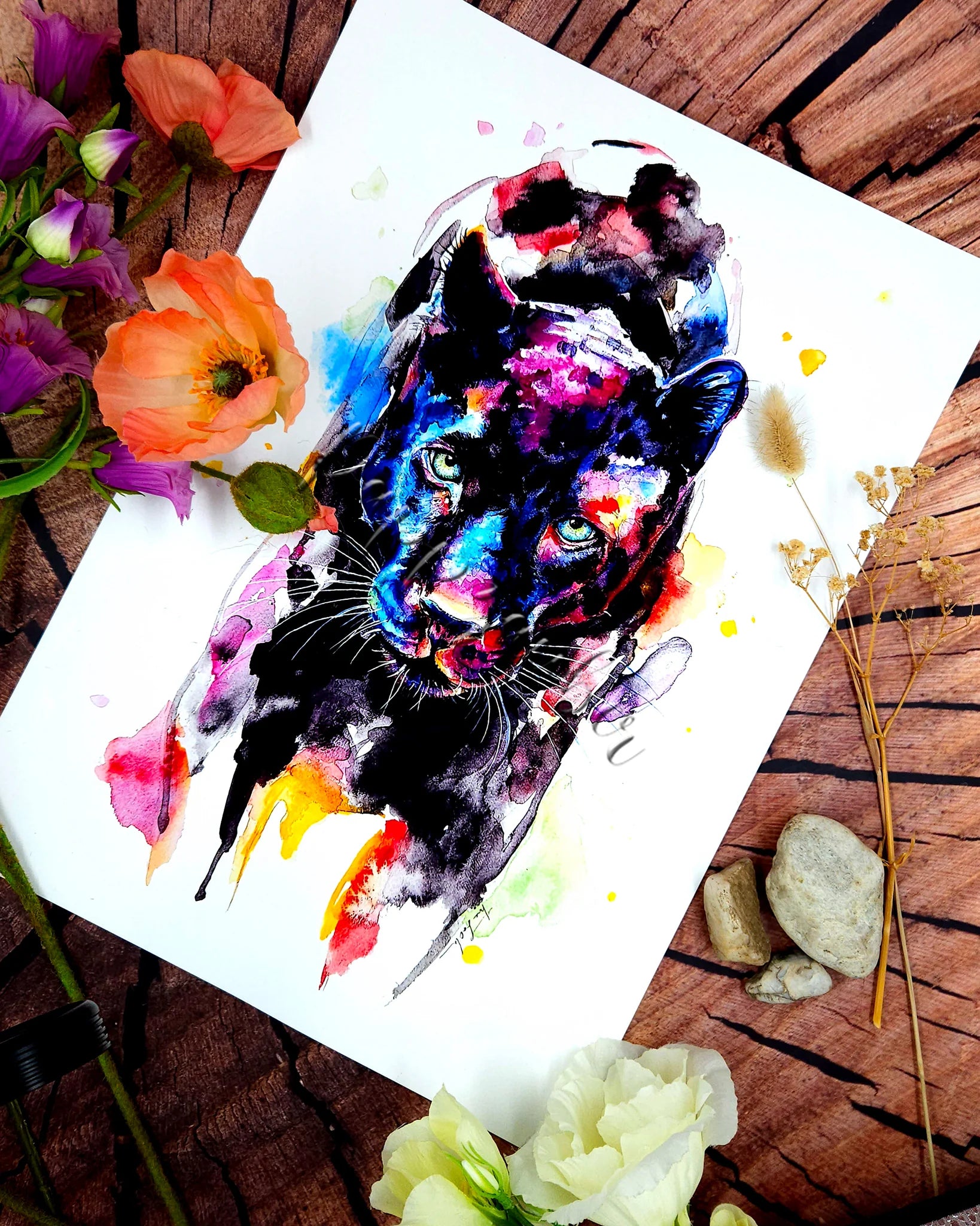 Panther in Aquarell - Farbenfroher Aquarellkunstdruck - Madow