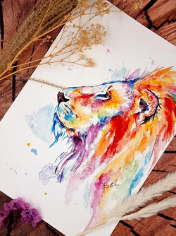 Bunter Löwe in Aquarell - Farbenfroher Kunstdruck -Löwe Harvey